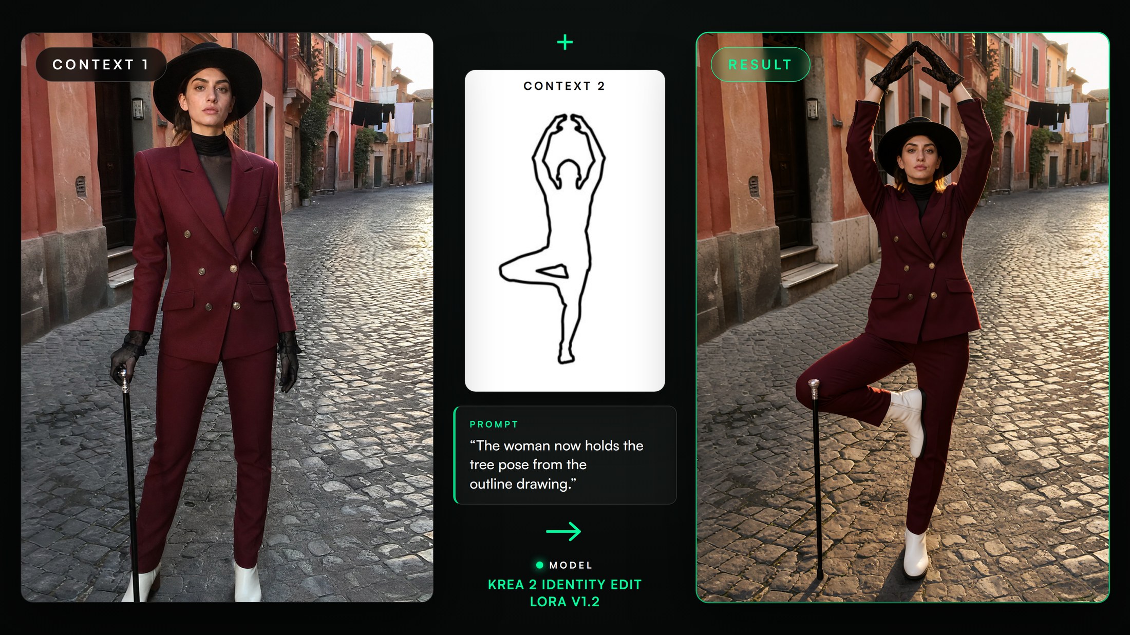 Context photo, outline drawing of a tree pose, and the resulting render, the same woman now holding the tree pose on the cobblestones.