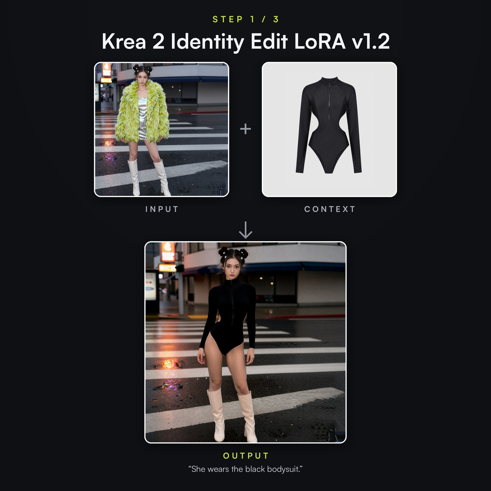 Step 2, input photo plus bodysuit product shot produce the same woman wearing the black bodysuit.