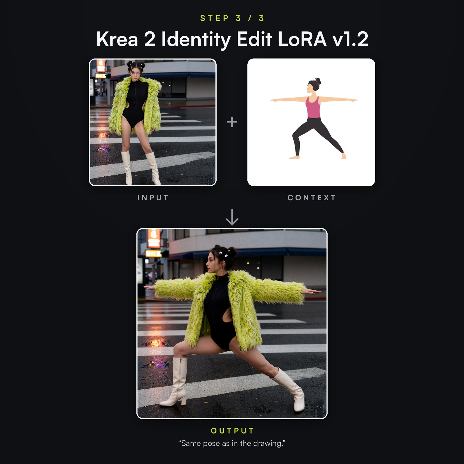Step 4, the woman assumes the Warrior II pose from a flat illustration, outfit and scene unchanged.