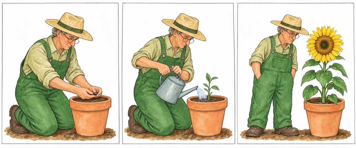 A three-panel watercolor comic of an older gardener in green overalls and a straw hat planting a seed, watering a sprout and standing beside a sunflower