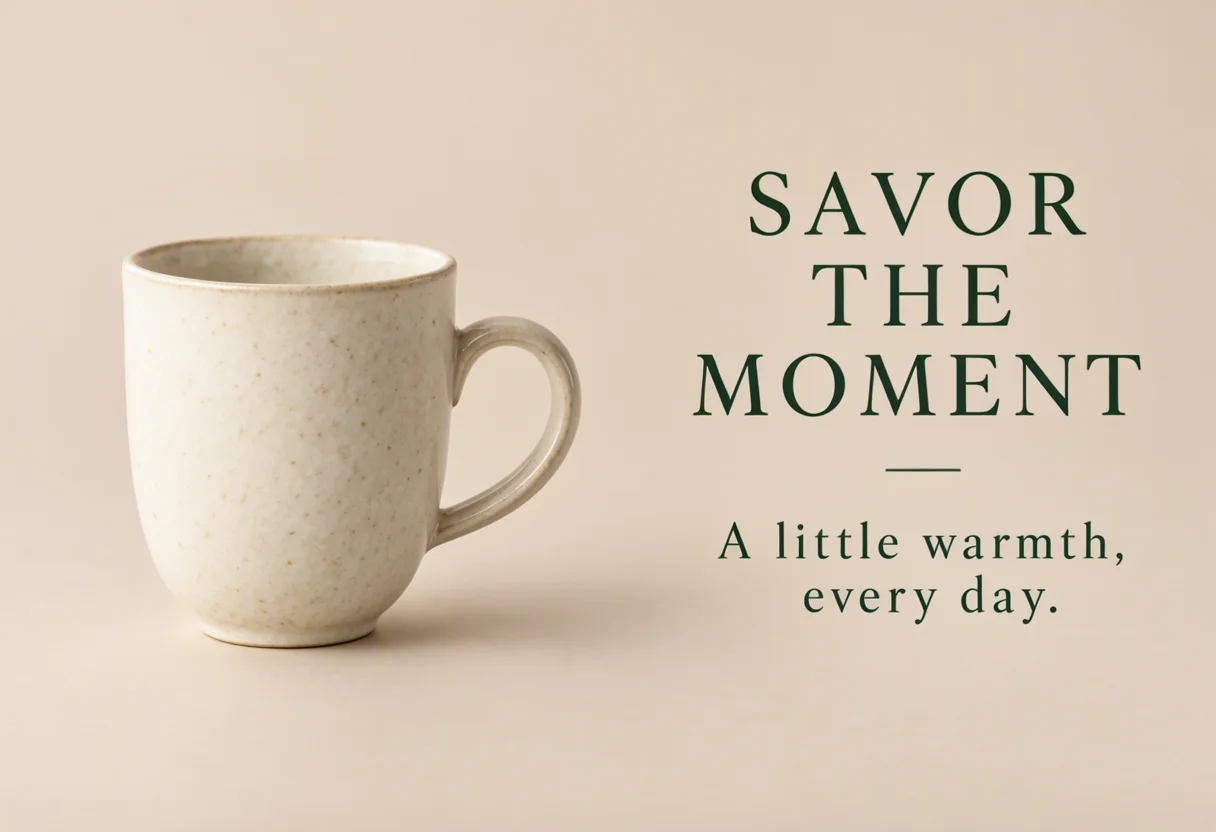 A studio campaign image: a speckled ivory cup on the left and the title SAVOR THE MOMENT with the line A little warmth, every day. on the right