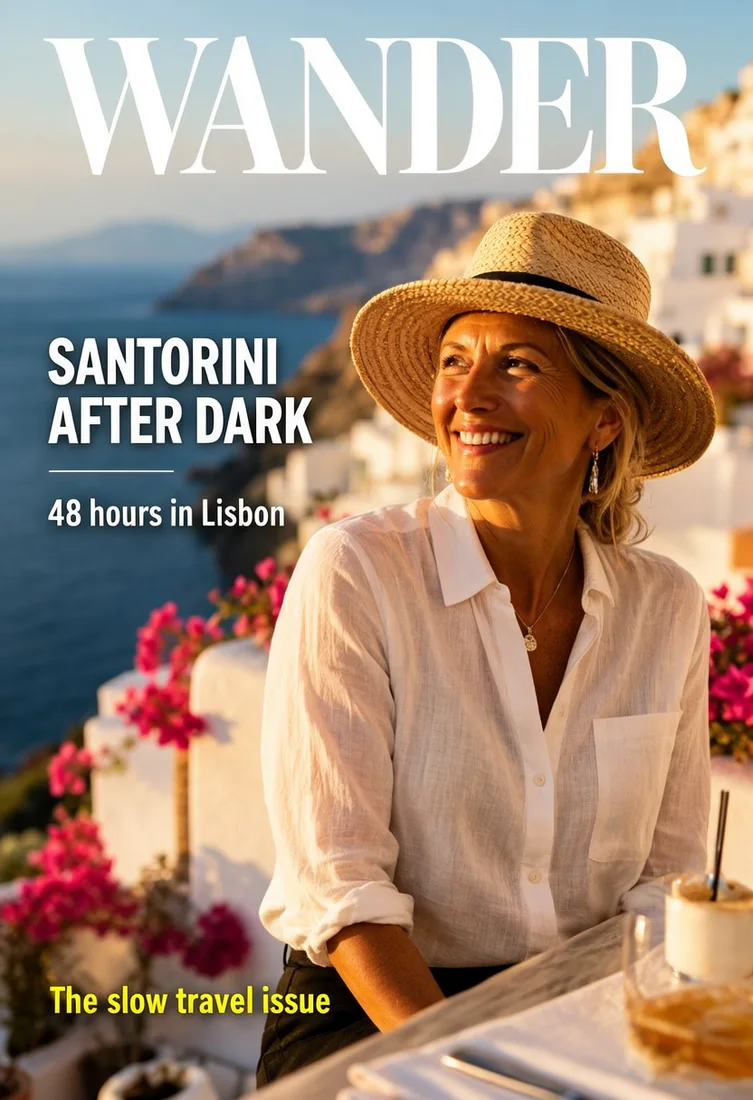 A WANDER travel magazine cover made with MOSS-Image SFT: a smiling woman in a straw hat on a Santorini terrace, with the cover lines SANTORINI AFTER DARK, 48 hours in Lisbon and The slow travel issue, layout boxes outlined