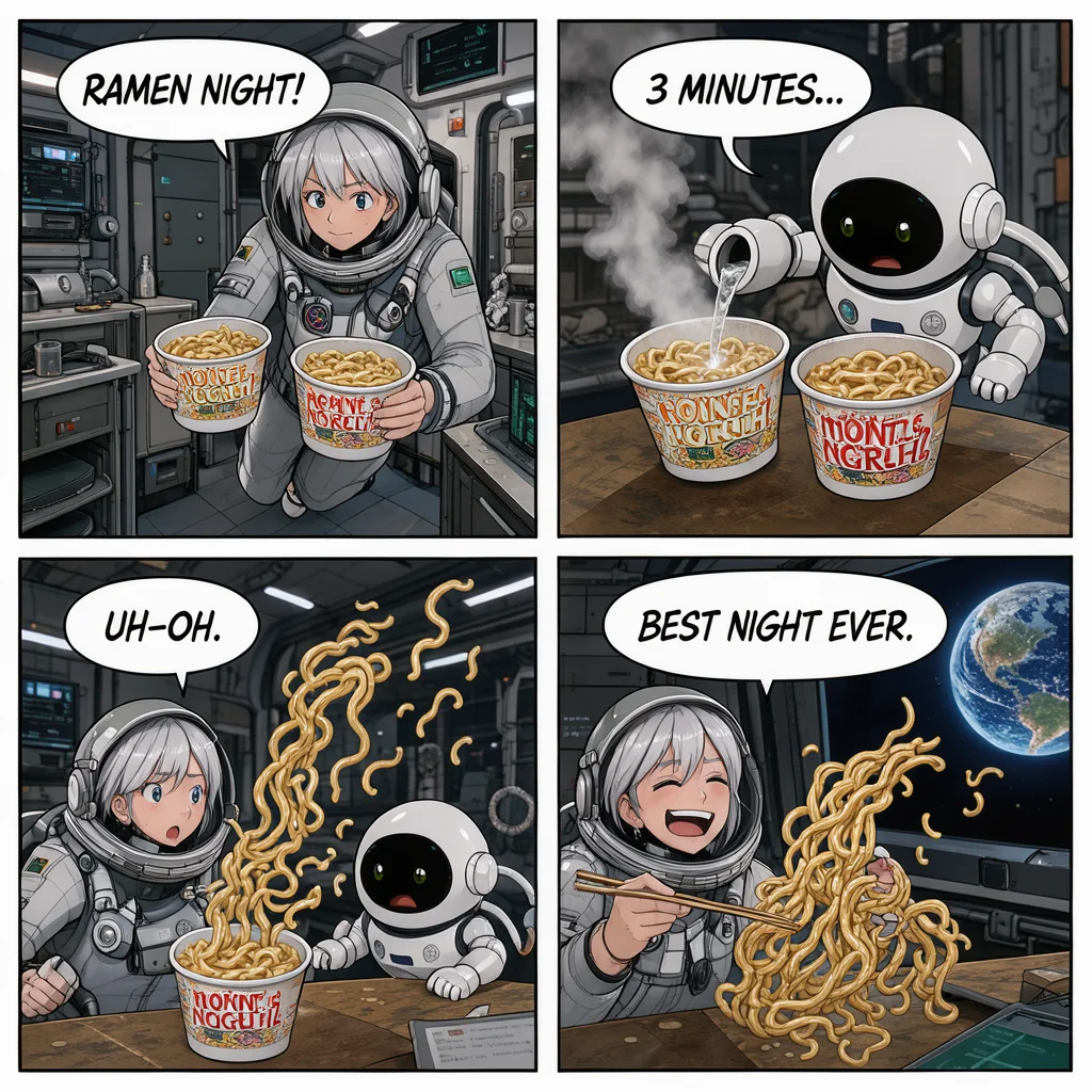 A four-panel anime comic about ramen night on a space station, made with FLUX 3 Image Klein