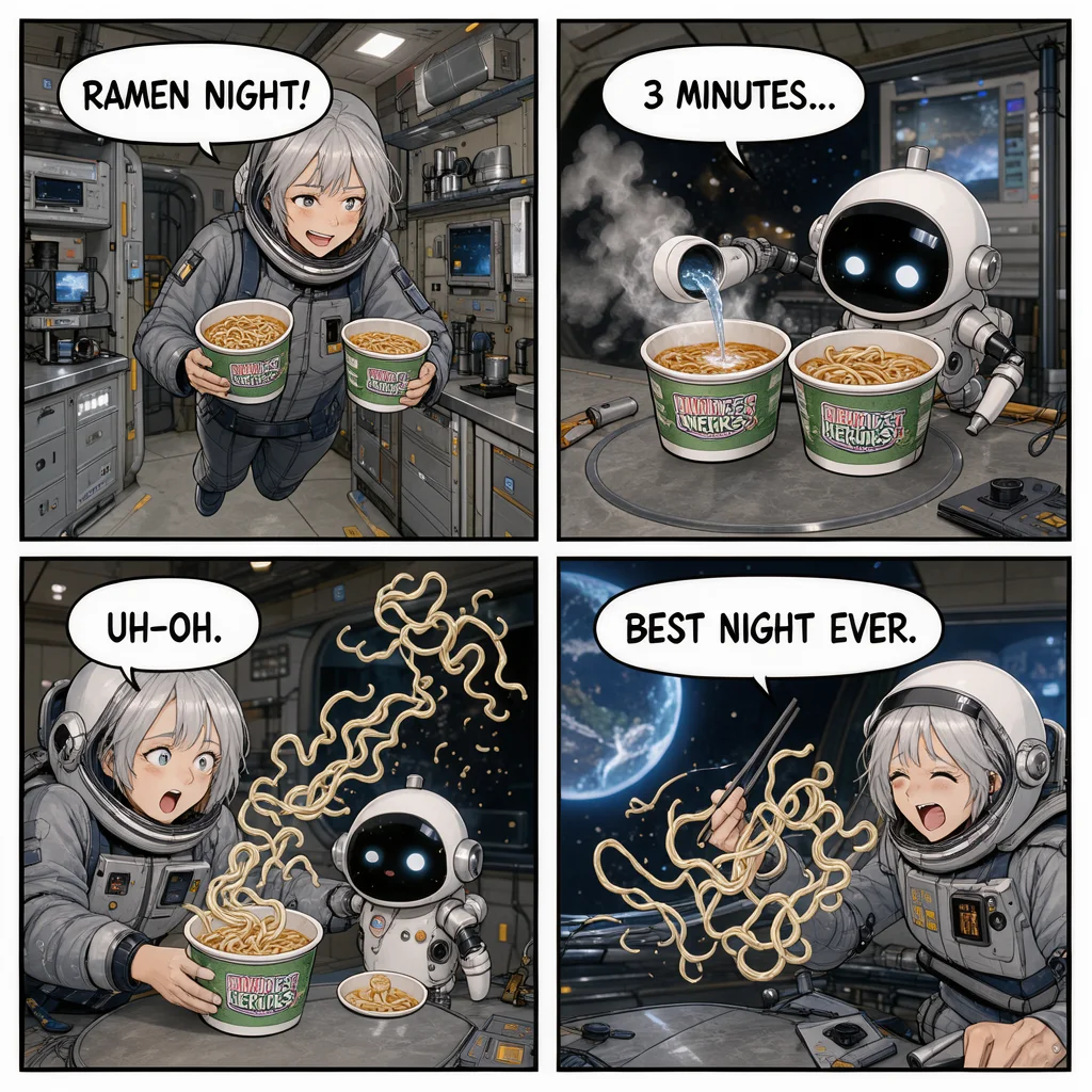 A four-panel anime comic about ramen night on a space station, made with FLUX 3 Image Klein