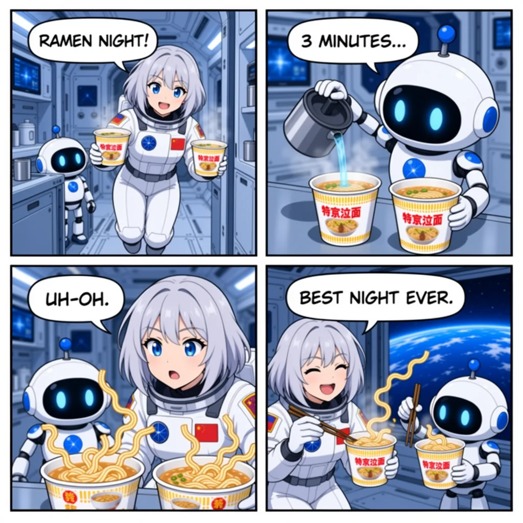 A four-panel anime comic about ramen night on a space station, made with MOSS-Image 8-Step