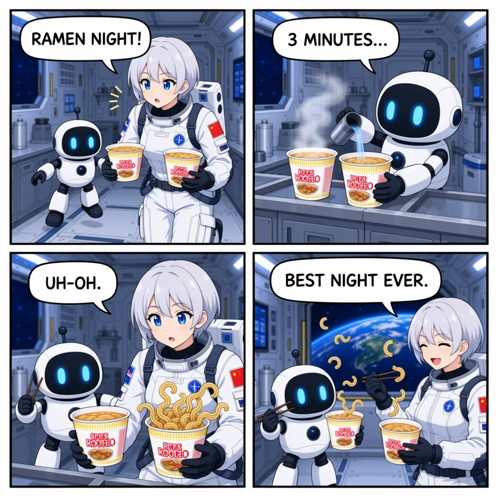 A four-panel anime comic about ramen night on a space station, made with MOSS-Image 8-Step