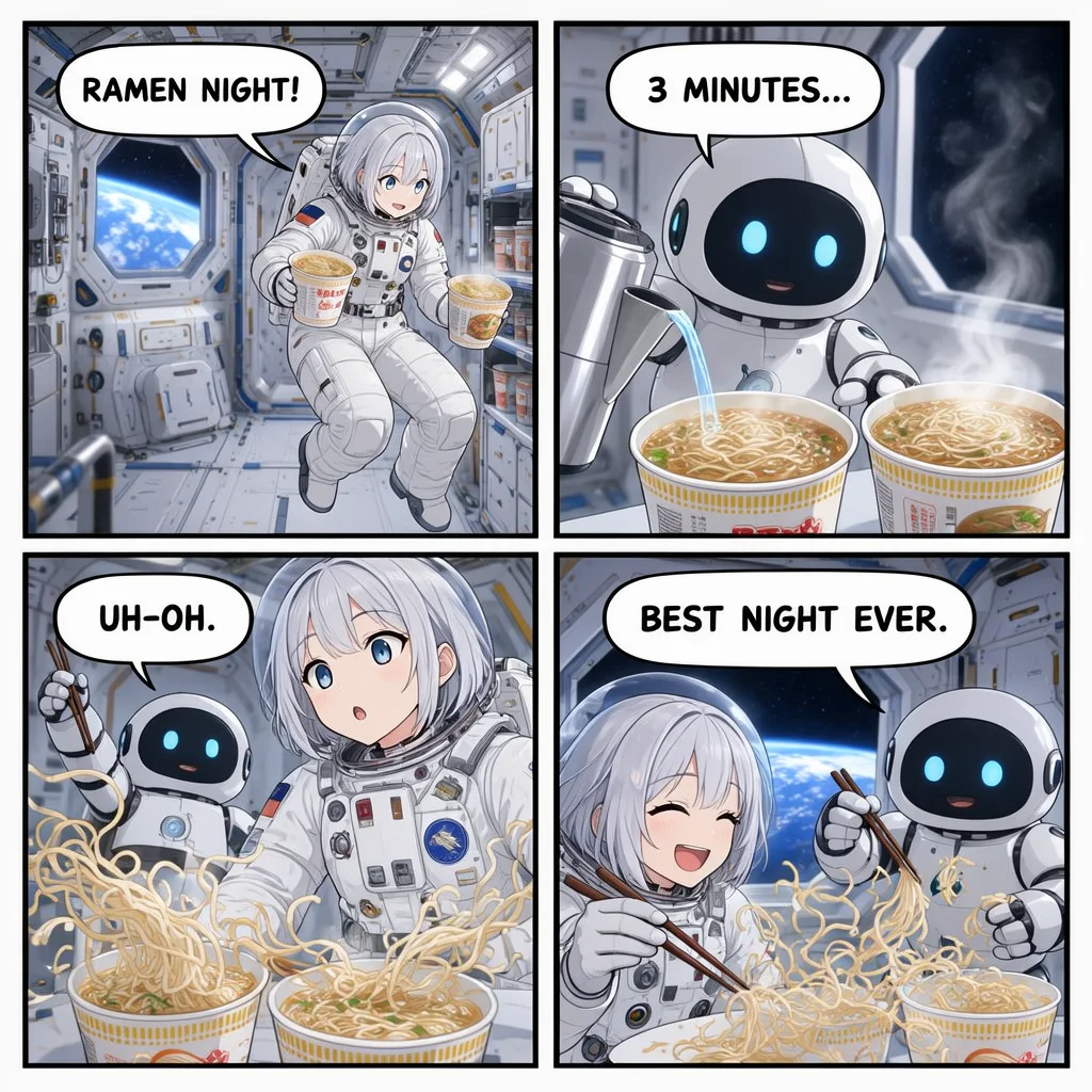 A four-panel anime comic about ramen night on a space station, made with MOSS-Image SFT
