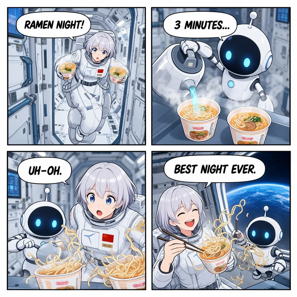 A four-panel anime comic about ramen night on a space station, made with MOSS-Image SFT