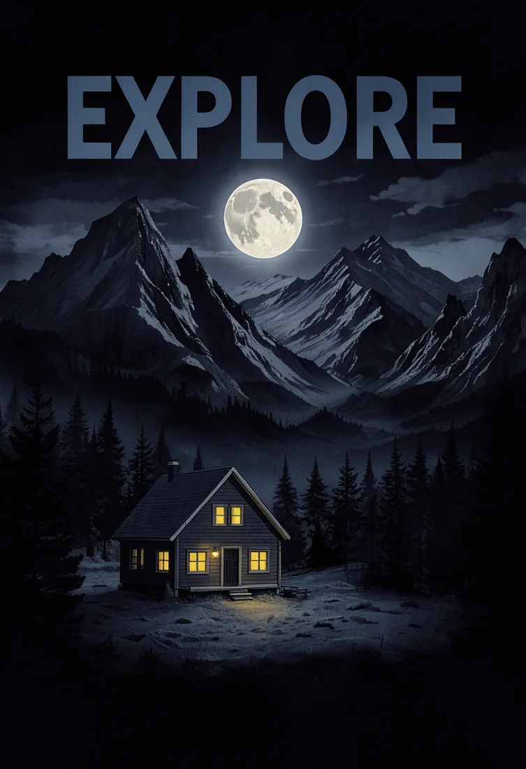 EXPLORE moonlit night travel poster, made with FLUX 3 Image Klein