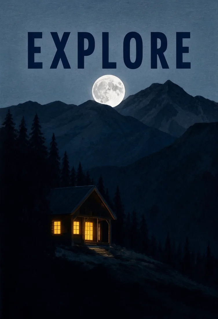EXPLORE moonlit night travel poster, made with MOSS-Image SFT