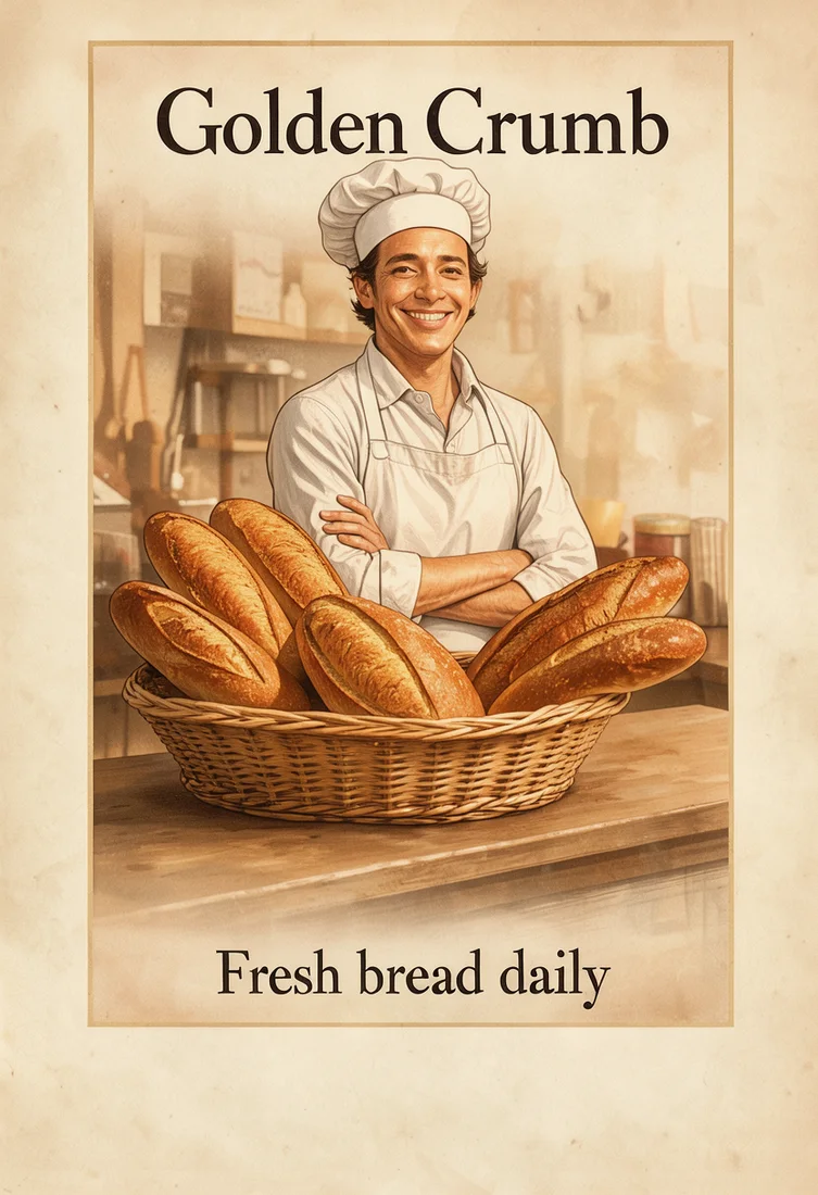 Golden Crumb bakery poster, made with FLUX 3 Image Klein