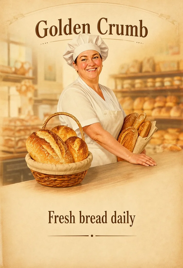 Golden Crumb bakery poster, made with MOSS-Image SFT