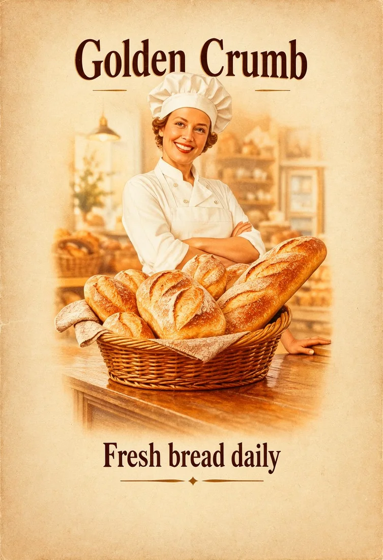 Golden Crumb bakery poster, made with MOSS-Image SFT