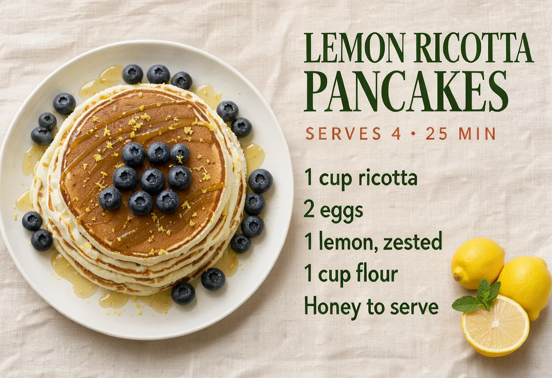 LEMON RICOTTA PANCAKES recipe spread, made with FLUX 3 Image Klein