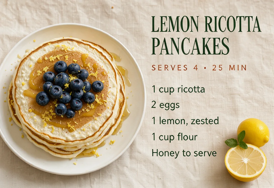 LEMON RICOTTA PANCAKES recipe spread, made with FLUX 3 Image Klein