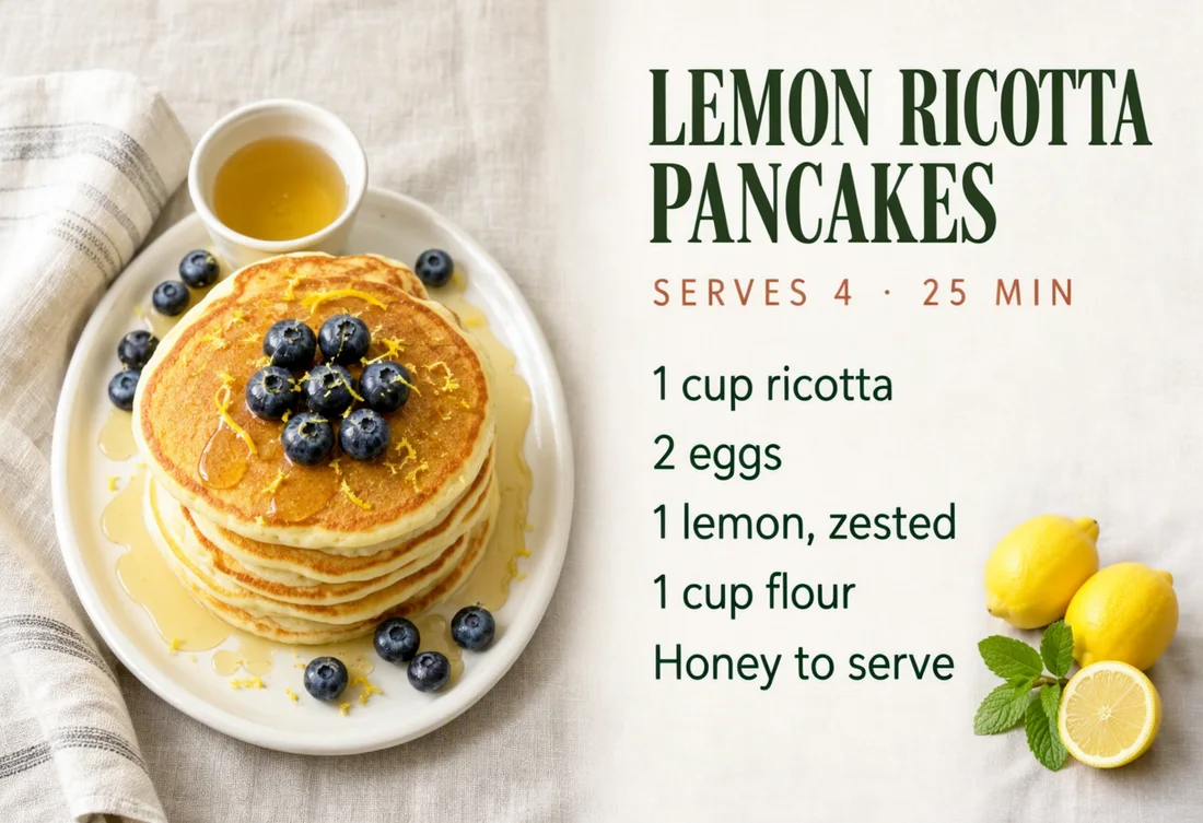 LEMON RICOTTA PANCAKES recipe spread, made with MOSS-Image SFT