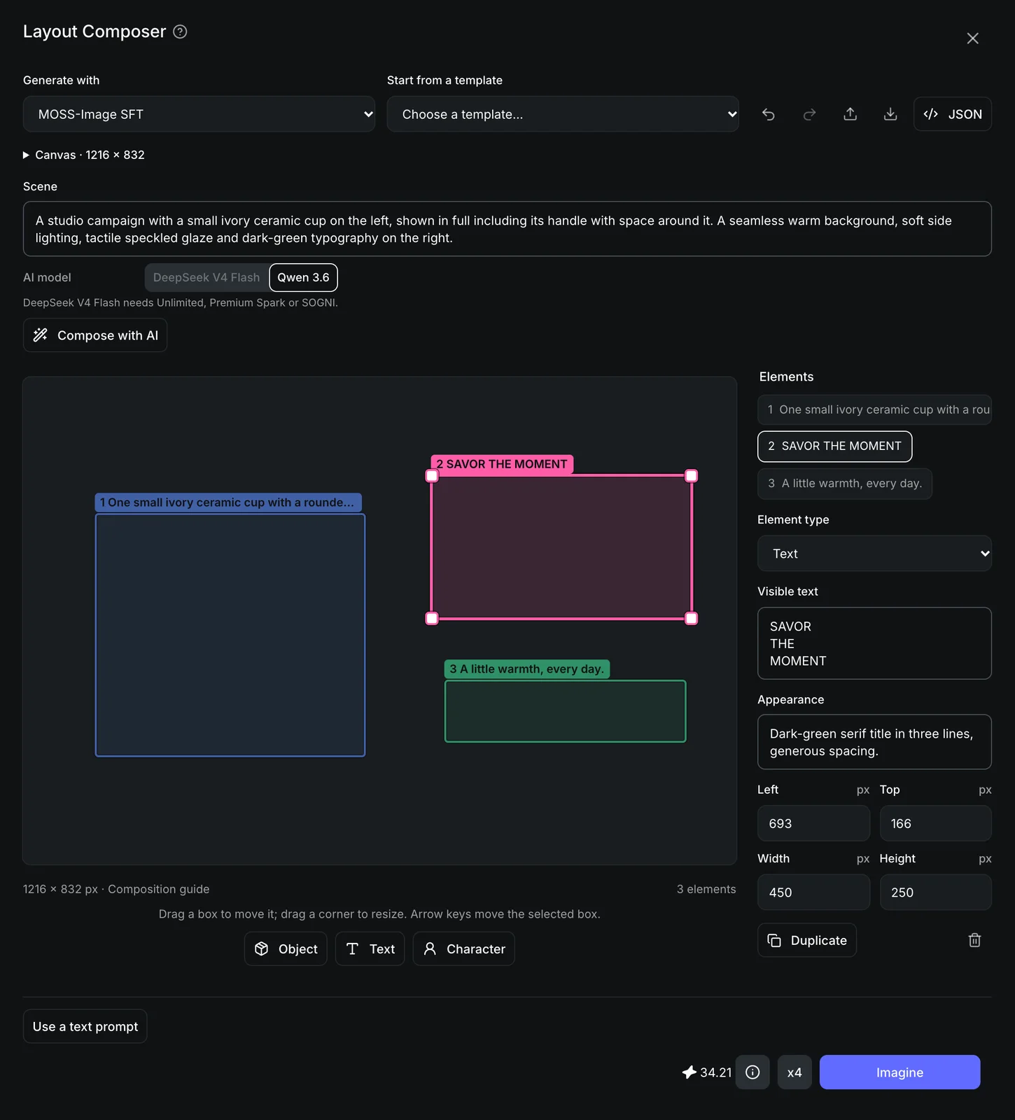 The Layout Composer editor in Sogni with the product campaign template: a canvas with three colored boxes, the Scene field, and the selected title box showing Visible text SAVOR THE MOMENT