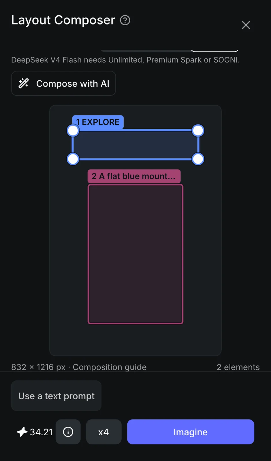 Layout Composer on a phone, full screen, with the travel poster template and the Imagine button