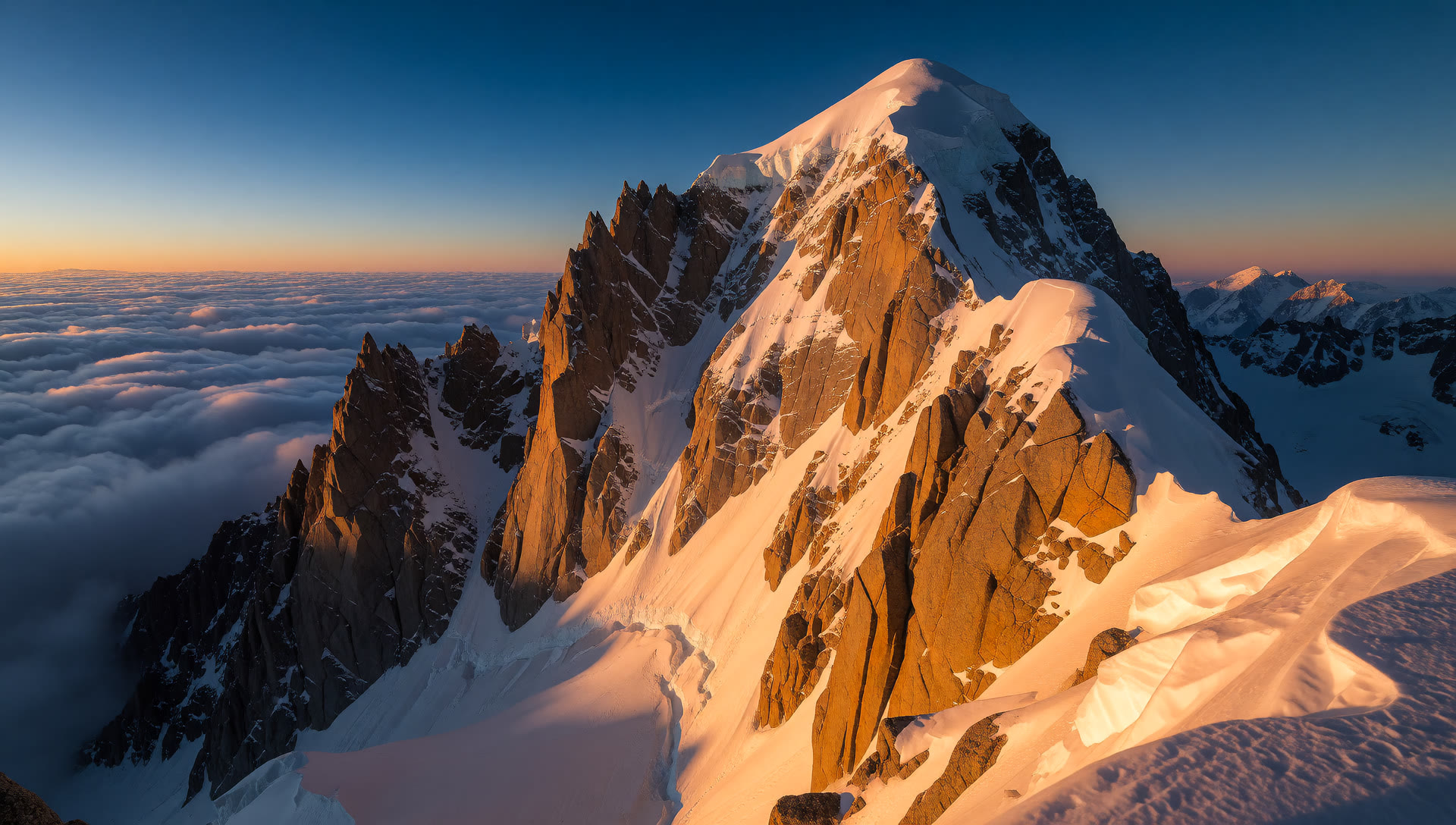 First frame: an alpine summit at golden sunrise above a sea of clouds