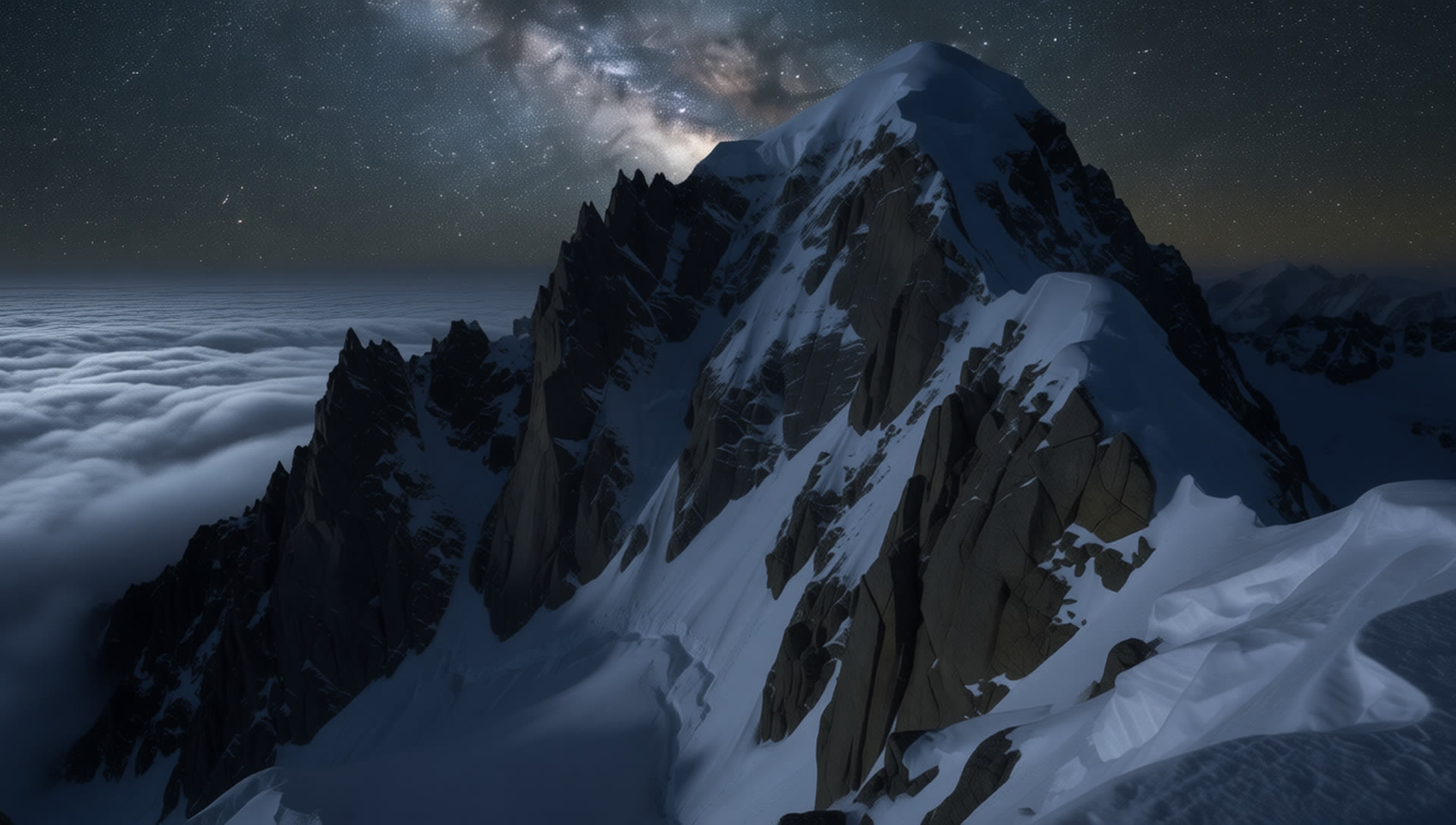 Last frame: the same summit at night under the Milky Way