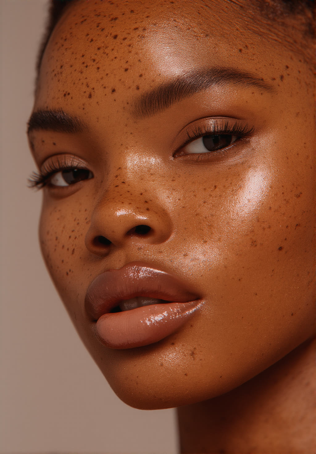 Original still: close-up portrait of a woman with freckled skin and glossy lips