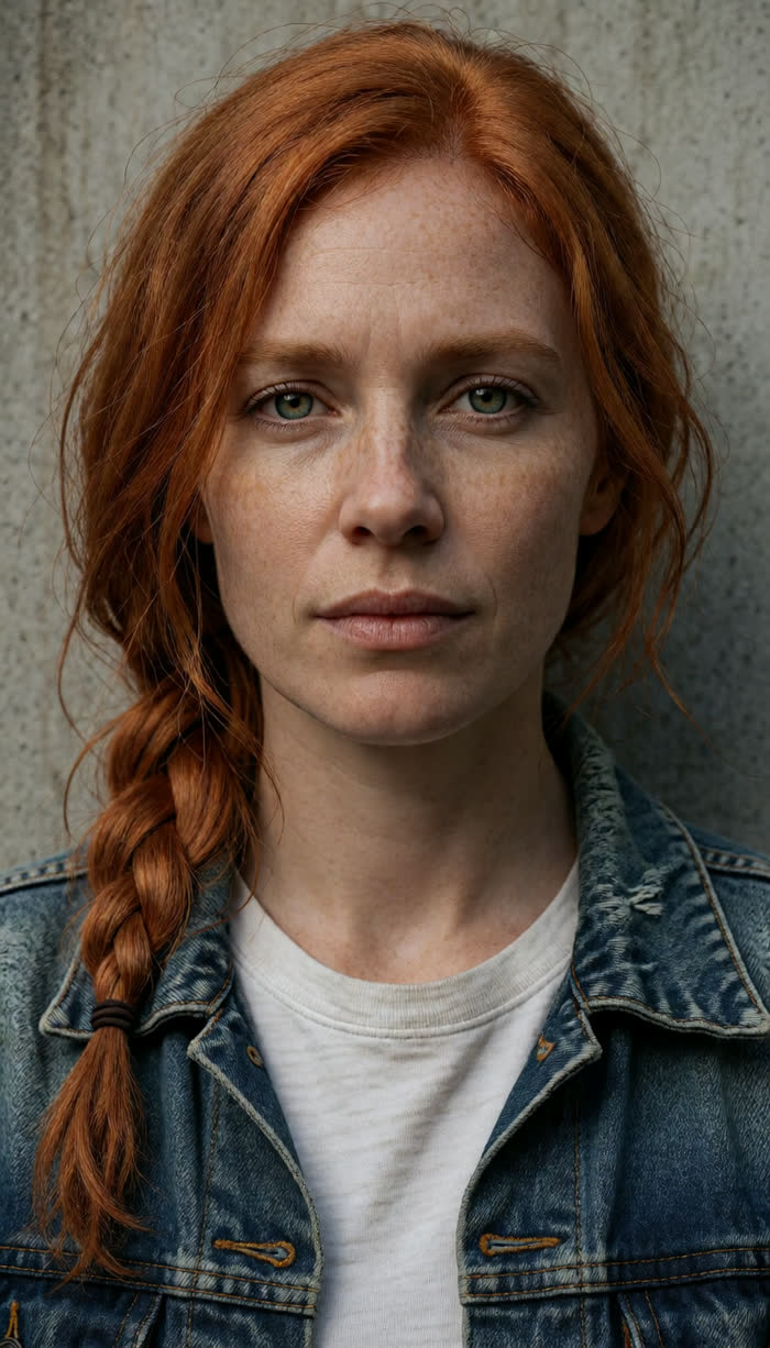 Identity reference: woman with copper-red braid and freckles in denim jacket
