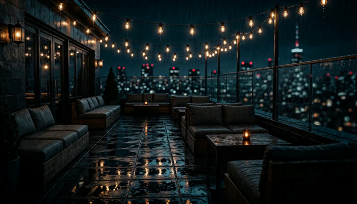 Location reference: rain-slicked rooftop bar with string lights and skyline