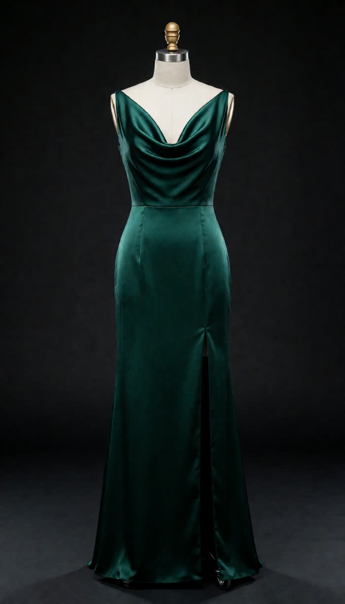 Wardrobe reference: emerald silk evening gown on a dress form