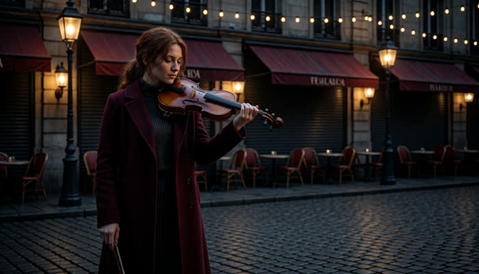 First frame: violinist poised, bow lowered, empty plaza at dusk