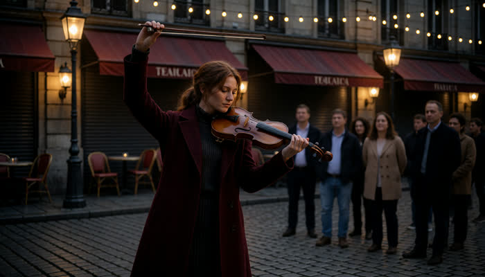 Last frame: violinist mid-performance, bow raised, small crowd gathered
