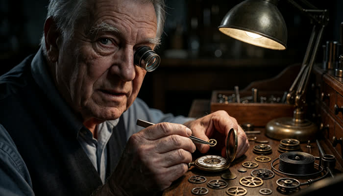 Krea 2 Turbo still: elderly watchmaker with loupe at a cluttered walnut bench