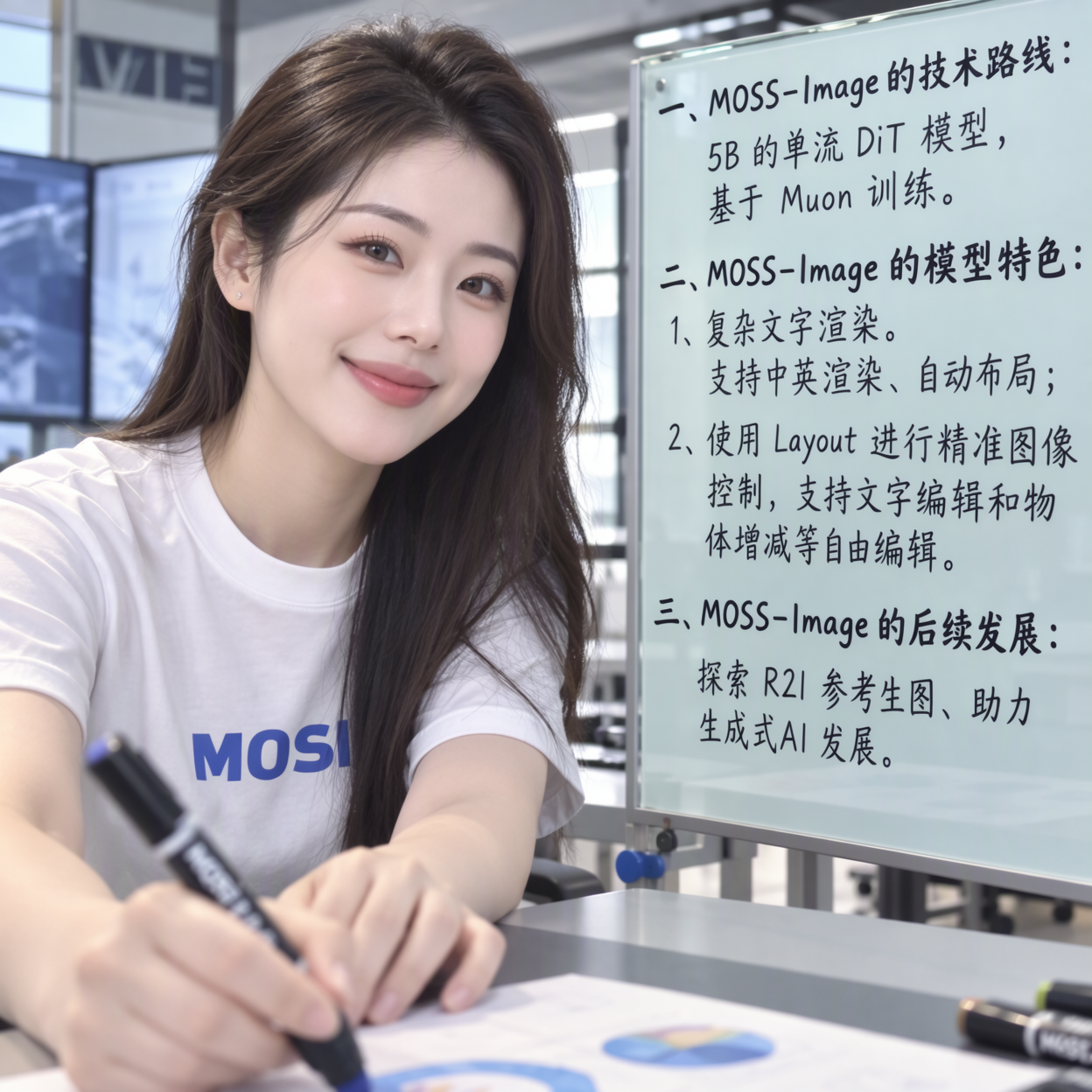 A glass board with dense Chinese writing generated with MOSS-Image SFT
