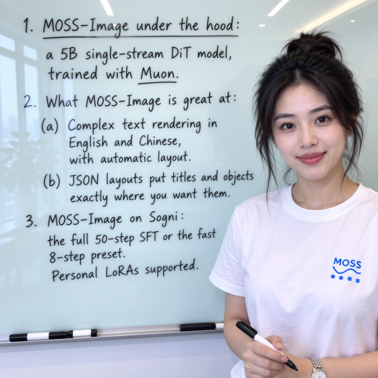 Sample output from MOSS-Image 8-Step: a glass whiteboard of handwritten English notes