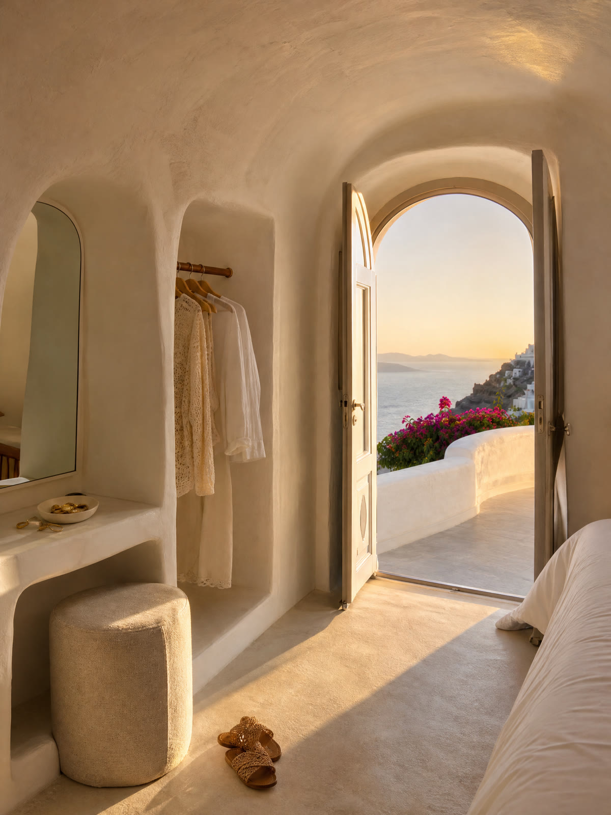 The empty white cave suite with an arched mirror, a rail of linen clothes and a door to the terrace.