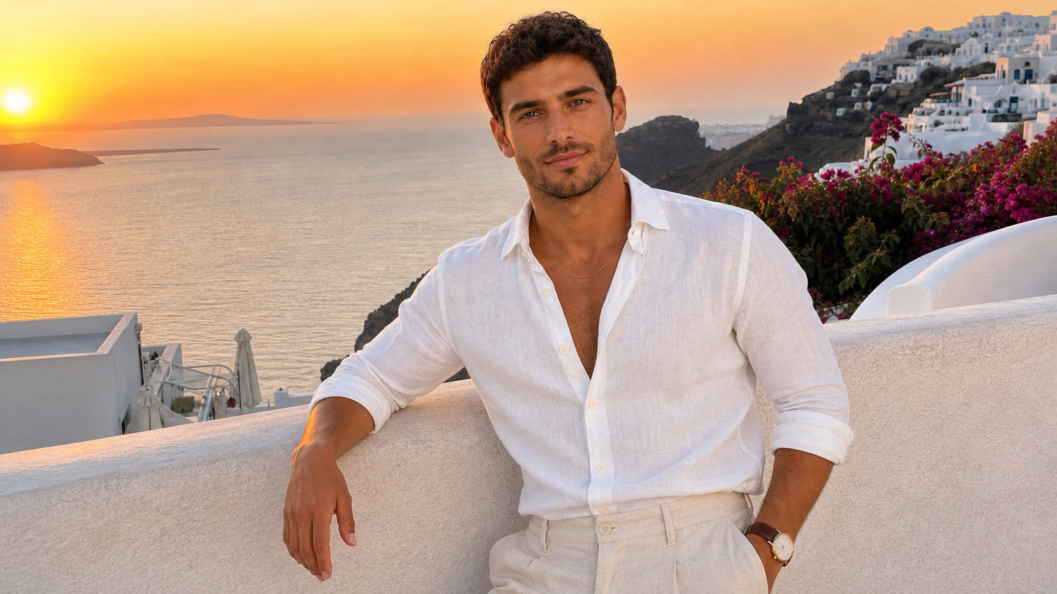 A man in a white linen shirt leaning on the white terrace wall at sunset.