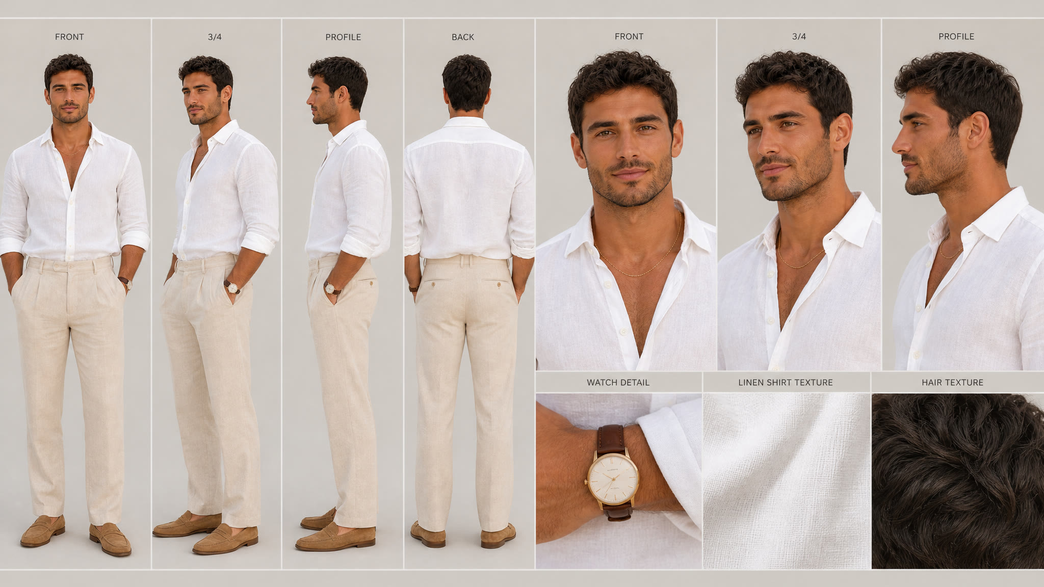 A matching character board of the man in a white linen shirt and beige linen trousers.