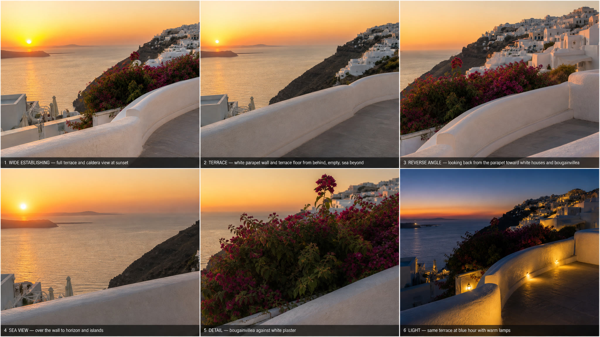 A location board of the Santorini terrace: six panels from wide view to bougainvillea detail and blue hour.