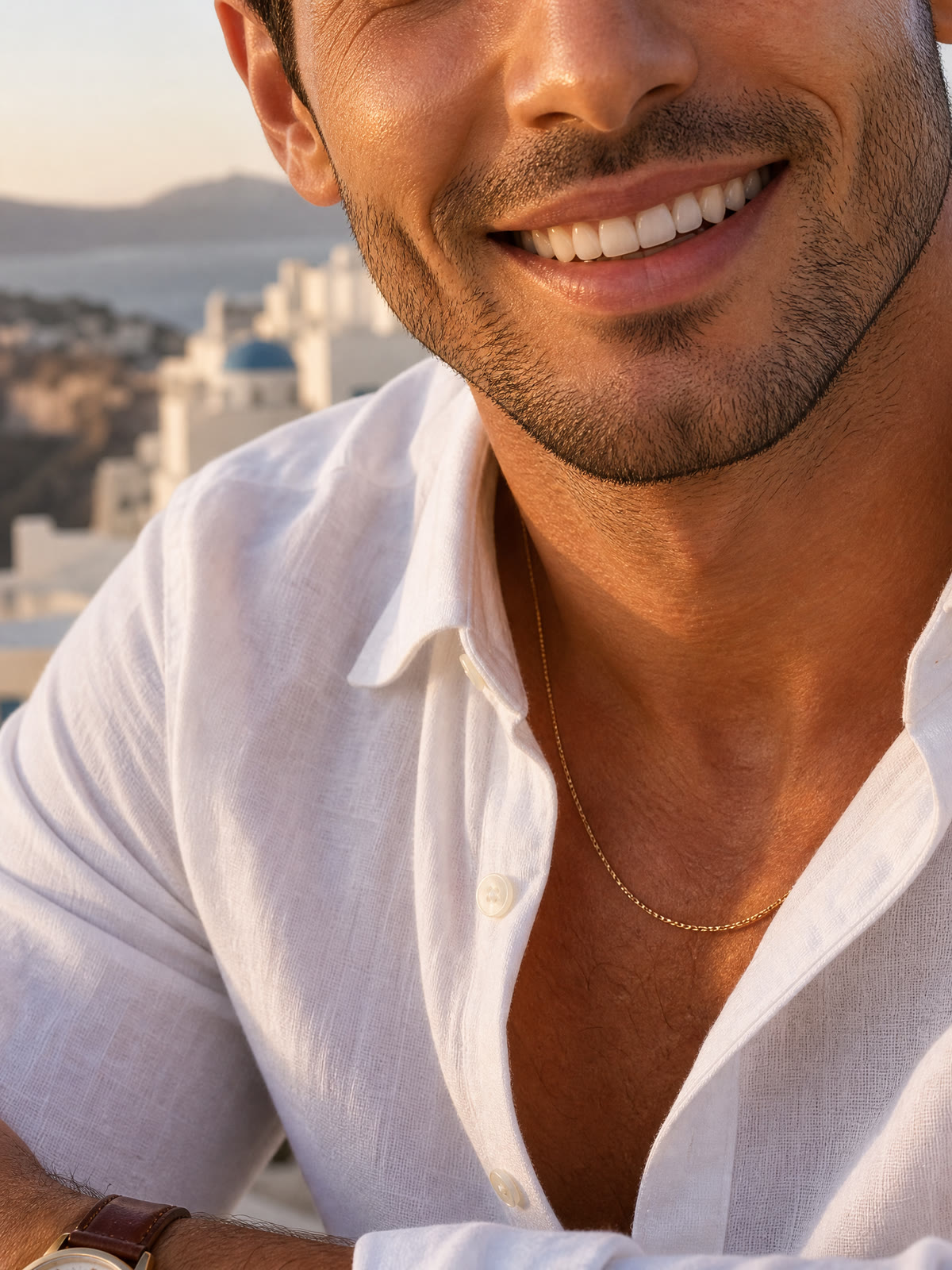 His smile and stubble.