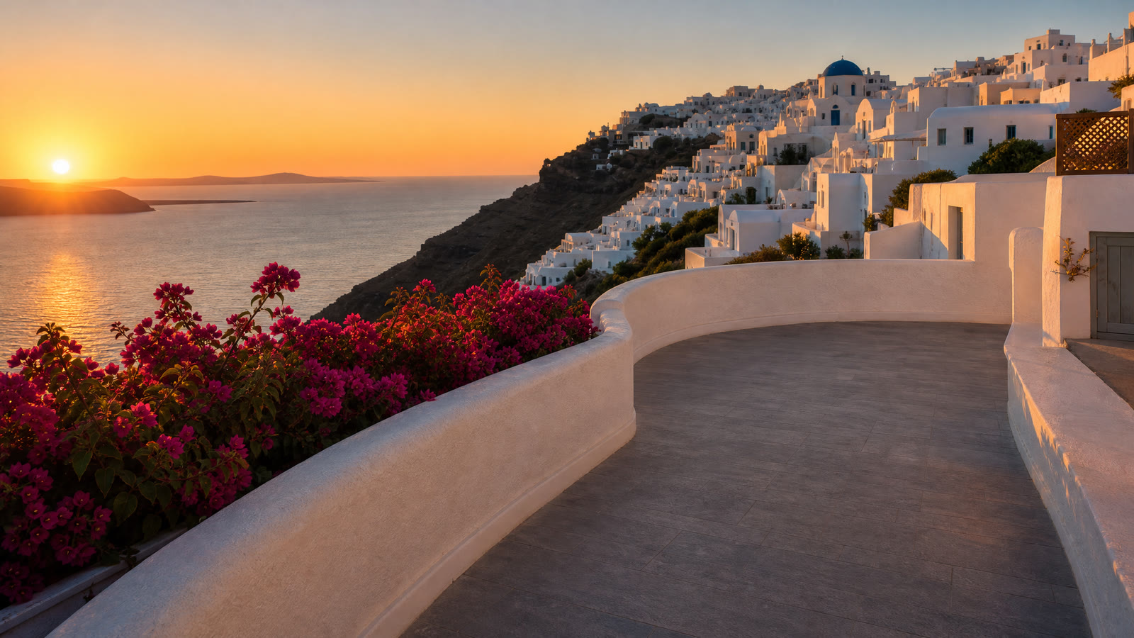 Empty photo of the Santorini terrace: The view back to the village.
