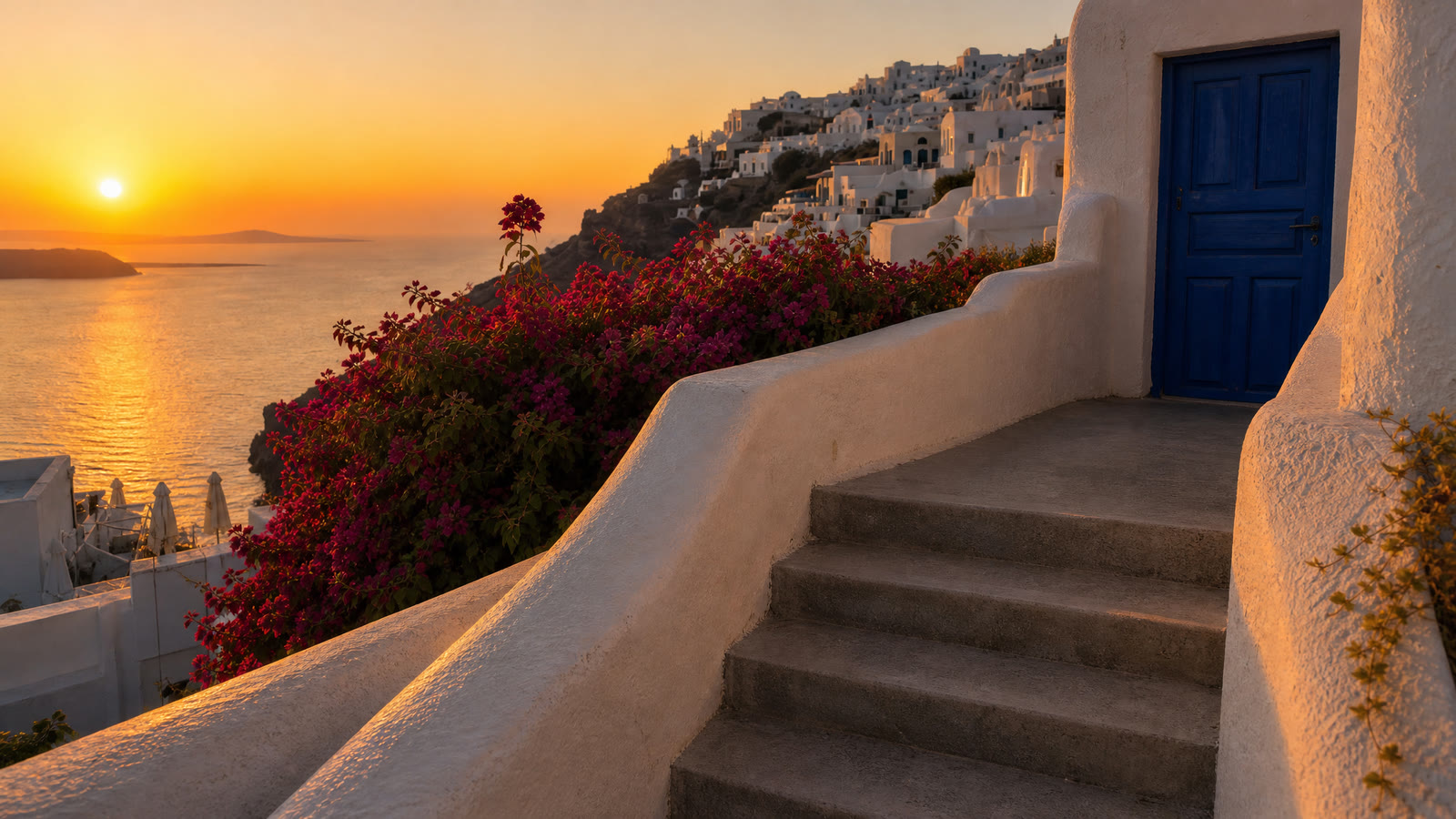 Empty photo of the Santorini terrace: The stairs and the blue door.