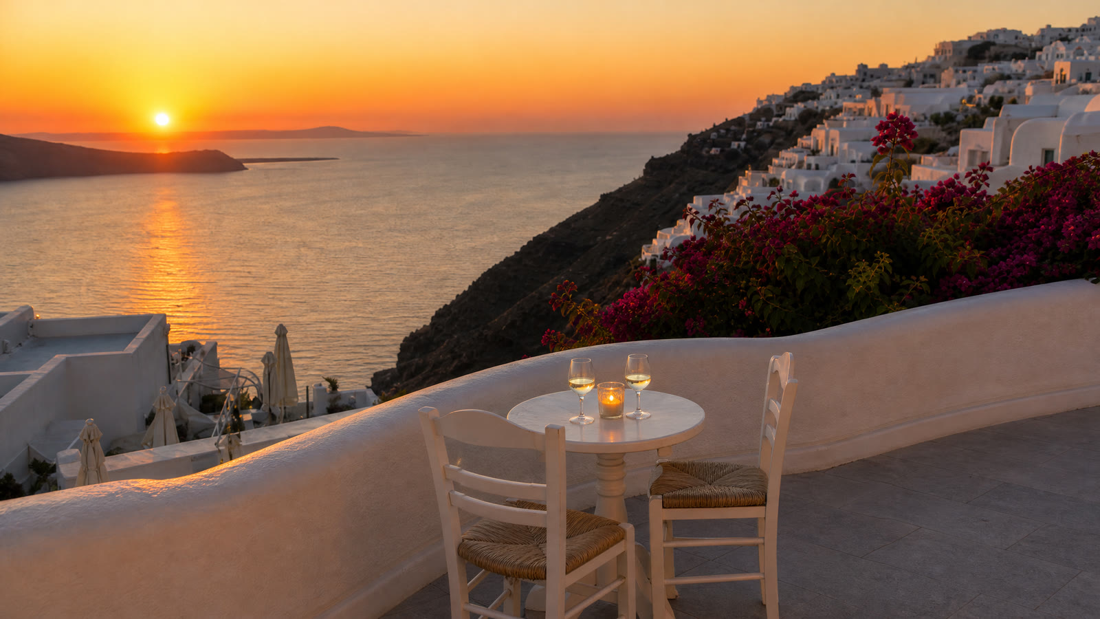 Empty photo of the Santorini terrace: A table for two at the wall.