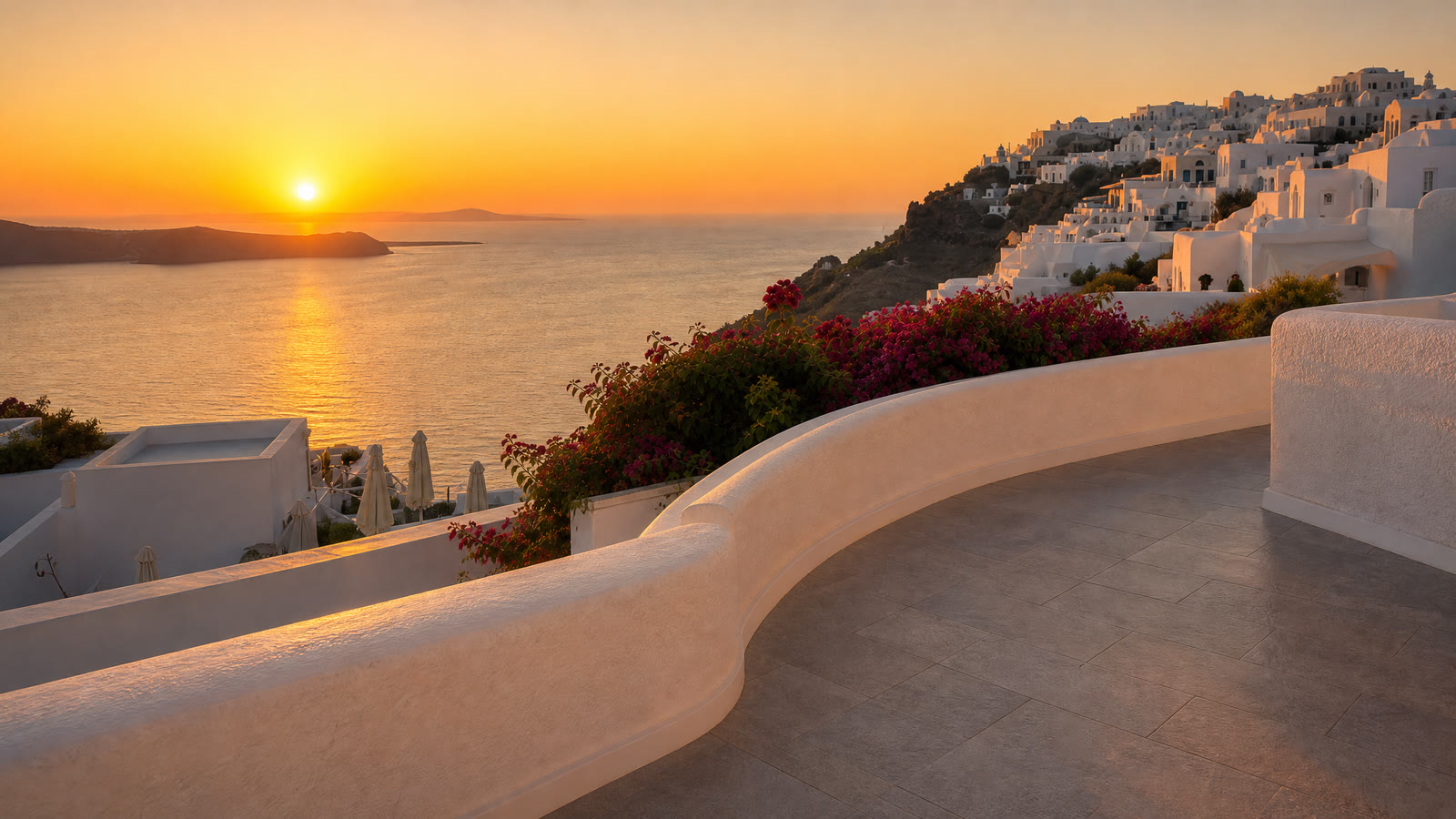 Empty photo of the Santorini terrace: The whole terrace at sunset.