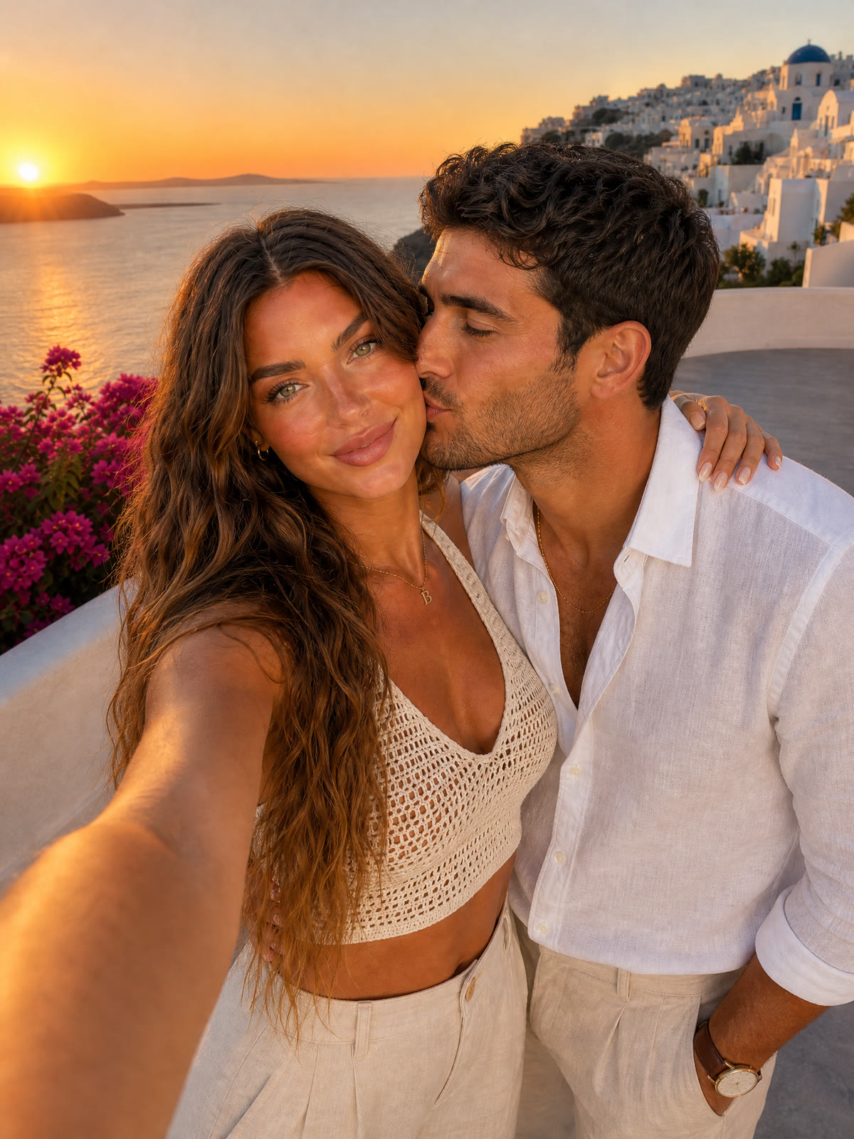 A cheek-to-cheek selfie. The same couple in linen outfits in Santorini.