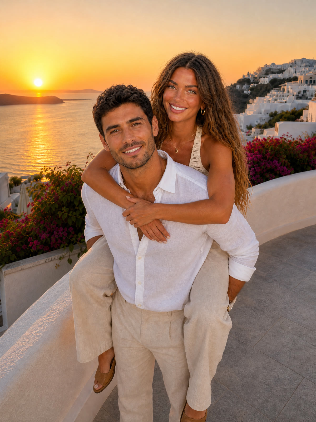 A piggyback at golden hour. The same couple in linen outfits in Santorini.