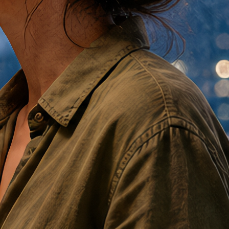 RTX VSR crop: shoulder of a linen shirt, weave and stitching clearly resolved