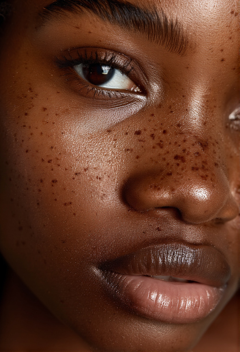 The full 832x1216 source: a close portrait, freckled skin, soft window light