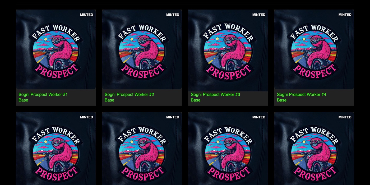 The Sogni Prospect Worker Collection at nft.sogni.ai with the NFT Collections Explorer tab, Status and Network filters, and a gallery of minted NFTs