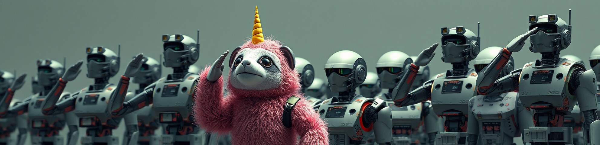 A line of robots standing at attention and saluting, with a fuzzy pink sloth wearing a small gold unicorn horn saluting among them