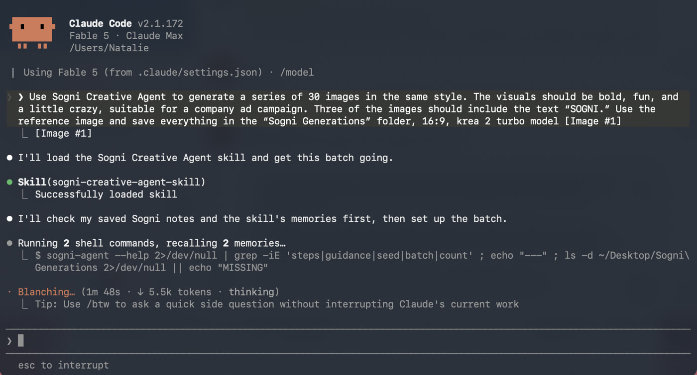 Claude Code using the Sogni Creative Agent Skill to start a 30-image campaign batch