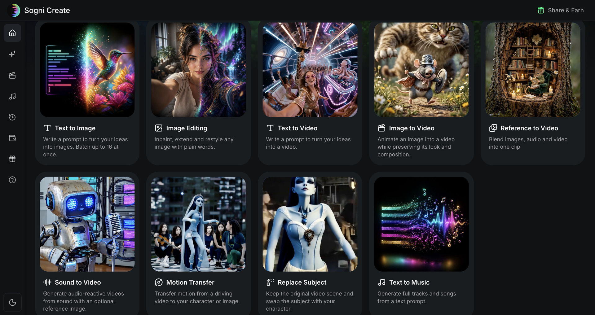 All Sogni Create tools in grid view